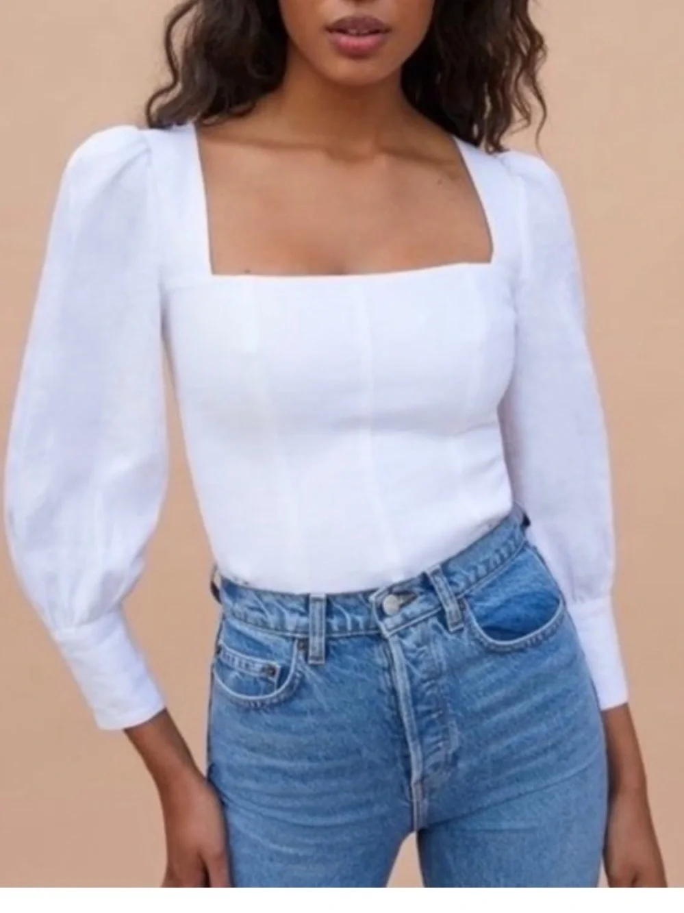 Reformation Stilton White Square-Neck Linen Top